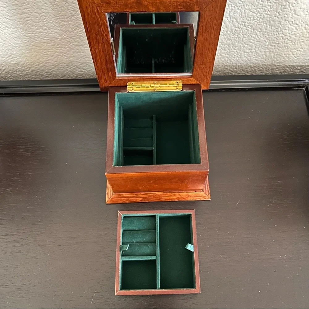 Vintage Thomas Kinkabe wooden jewelry box green velvet interior 6”x6x4” 2 tiers